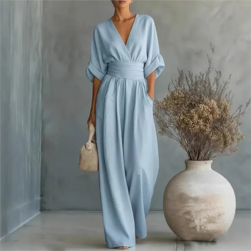 Waist V-neck Jumpsuit 2026 Spring And Summer Style Fashionable And Elegant Womens Solid Color Mid-sleeve Wide-leg Jumpsuit 260625