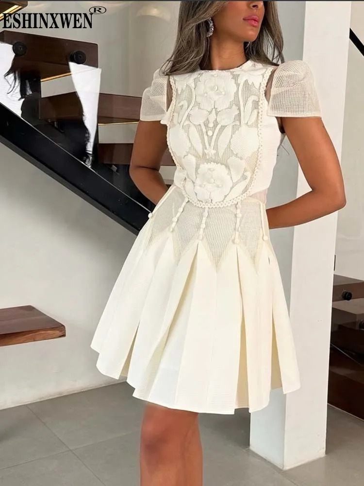 Eshin Elegant Lace A-Line Dress Women Fashion Summer Casual White Short Sleeve Hollow Out Embroidery Floral Party Dresses SA764 260624