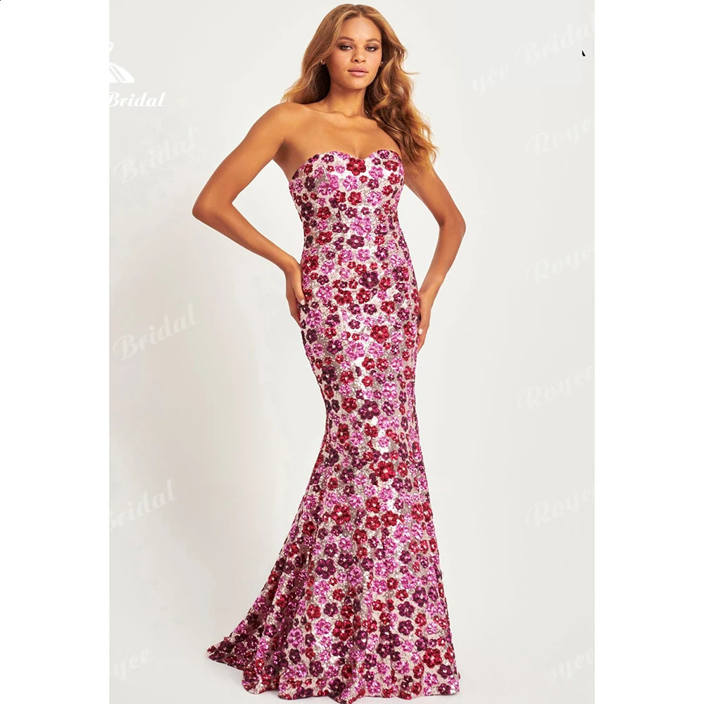 Colorful Floral Sequin Womens formal evening gowns Strapless Mermaid dresses Prom Dress vestidos de fiesta Customized 260625