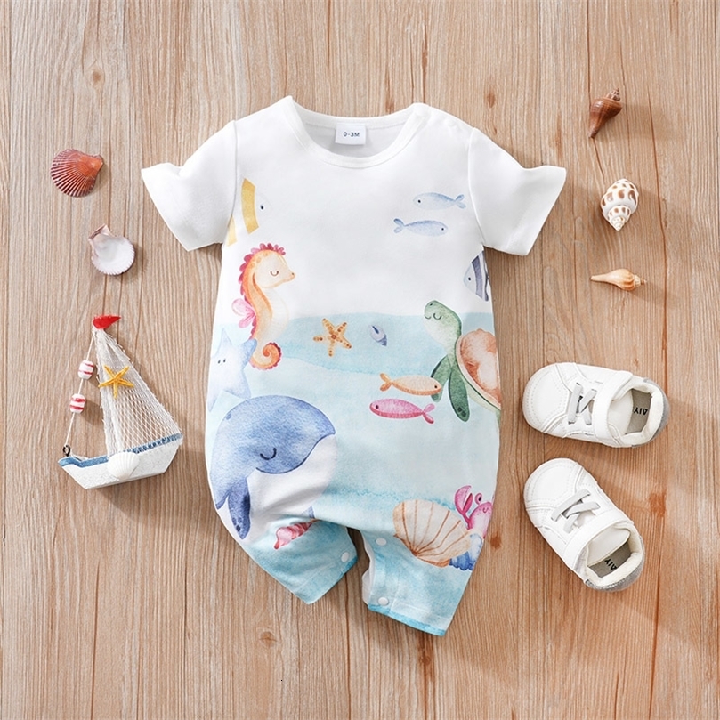 born Clothing Cute Cartoon Marine Animal Print Comfortable And Soft 018 Boys Girls Summer Short Sleeved Baby Jumpsuit 260623