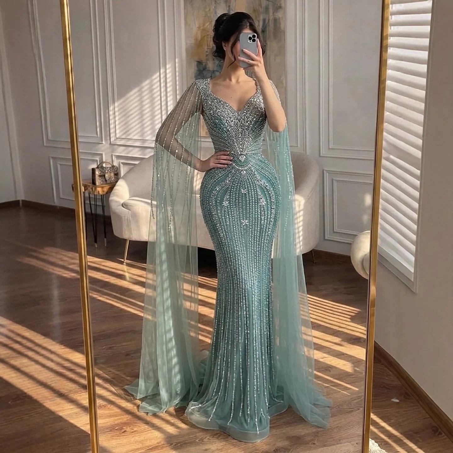 Luxury Nude Beading Mermaid Evening Dresses with Cape Sleeves Gowns for Party Prom gowns Custom Made color/size Robe De Soiree