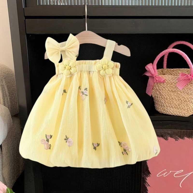 Flower Embroidered Chiffon Dress Baby Girl Summer Yellow Dress Korean Style Kids Clothes Y260625EQJ8
