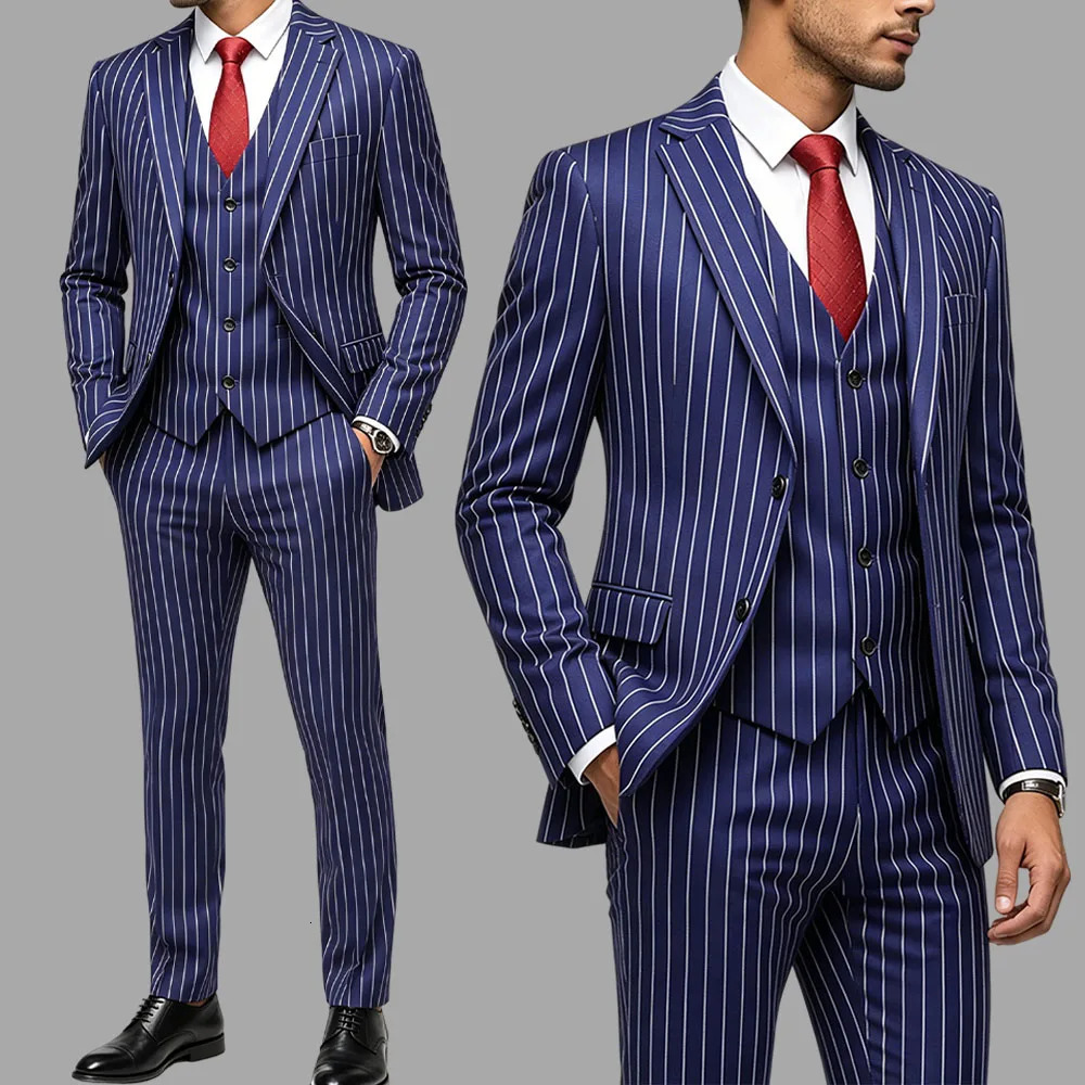 Cotton Blue Striped Classic Mens Business Suit 3Pcs Set Jacket Pants Vest Grooms Wedding Gentlemans Banquet 260624
