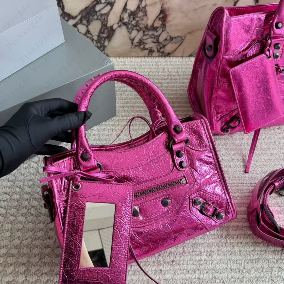 Crossbody Shoulder Bags for Girls Genuine Leather Motorcycle Tote Bag For Women Rivet Hardware Vintage Handbag External card bag with makeup mirro A