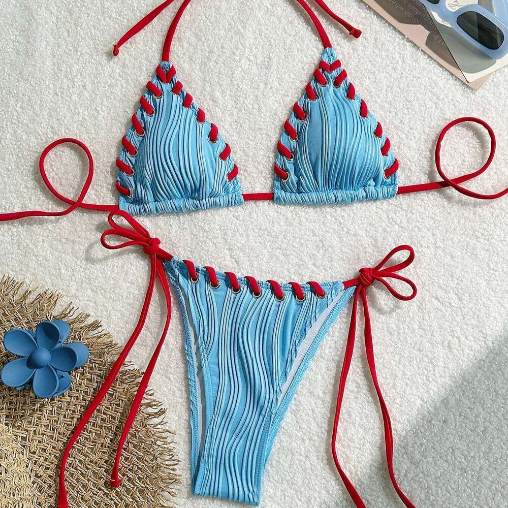 Halter Wrinkled Weave Women Swimwear Female Swimsuit Two Pieces Bikini Set Brazilian Bathing Suit Swim Beach Wear 26Y0625
