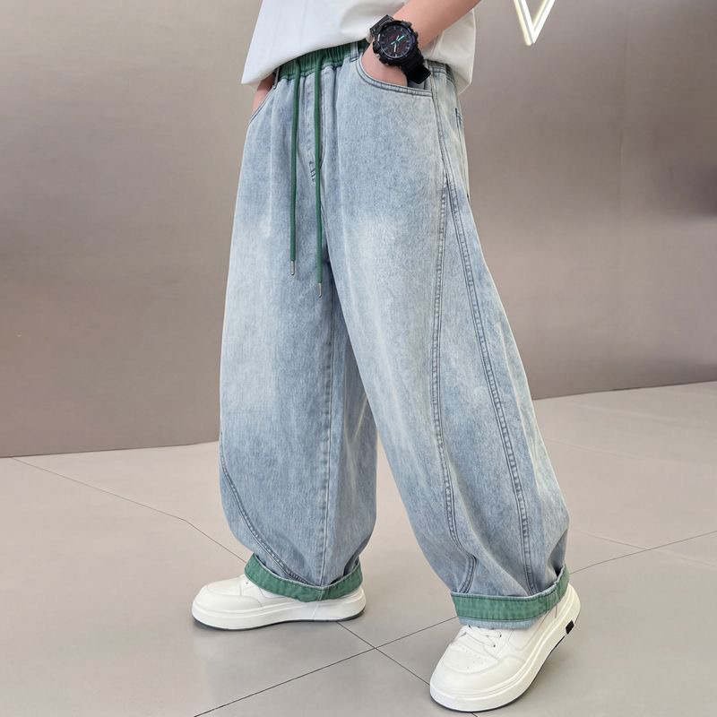 Children's summer thin jeans with contrasting color splicing trendy curved knife pants for boys and girls loose and casual medium to large chil