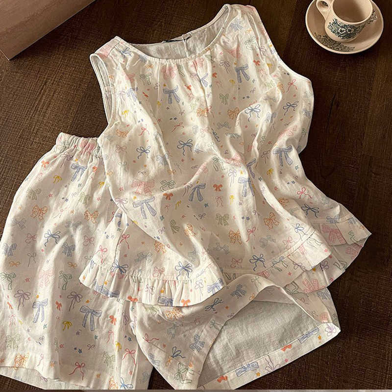 Fashion Summer Womens Korean New Style Plus Size Colorful Bow Print Sleeveless Pajamas Cute Short Sleeve and Shorts Homewear Se M260625