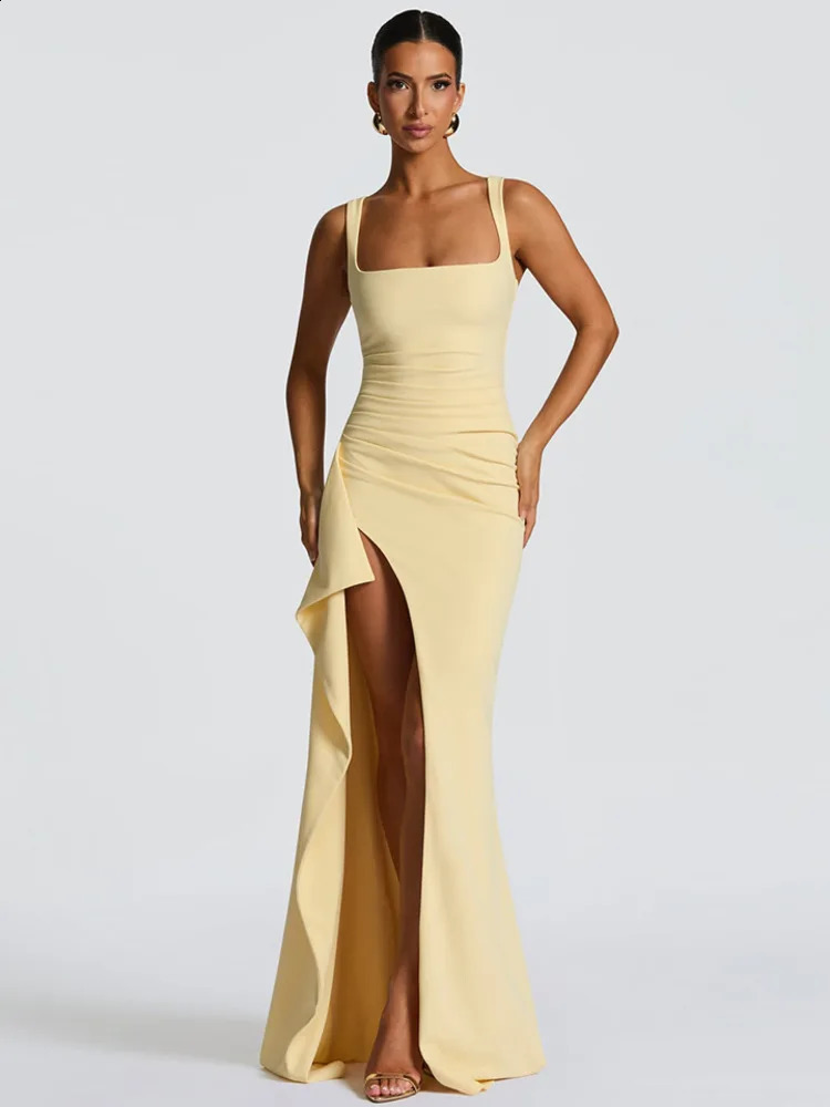 Mozision Elegant Spaghetti Strap Sexy Maxi Dress Women Gown Fashion Sleeveless Backless Thigh High Split Draped Club Long Dress 260625