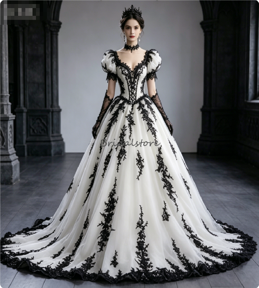 White Black Gothic Ball Gown Wedding Dress Puff Short Sleeve Sweetheart Corset Black Floral Lace Victorian Medieval Bridal Gowns Vintage Princess Ve