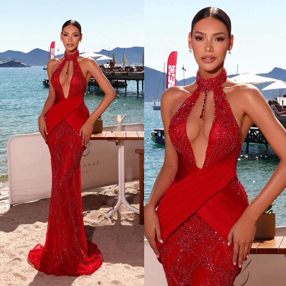 Sexy Evening Dresses For Women Halter Neck Sleeveless Gown Sequins Rhinestone Backless Floor Length Dress Party Customized vestidos de novia