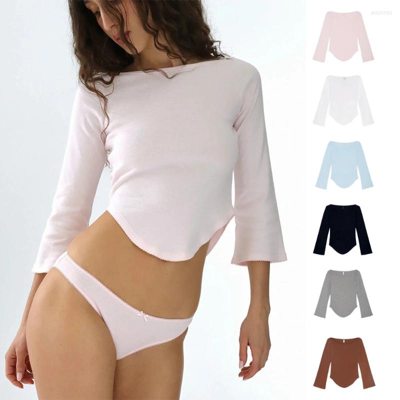 Women's T Shirts Cou Three-Quarter Sleeve Top Off-Shoulder Boat Neck Short Lace Design Retro Bell Sleeves Slim Fit Flattering Sexy