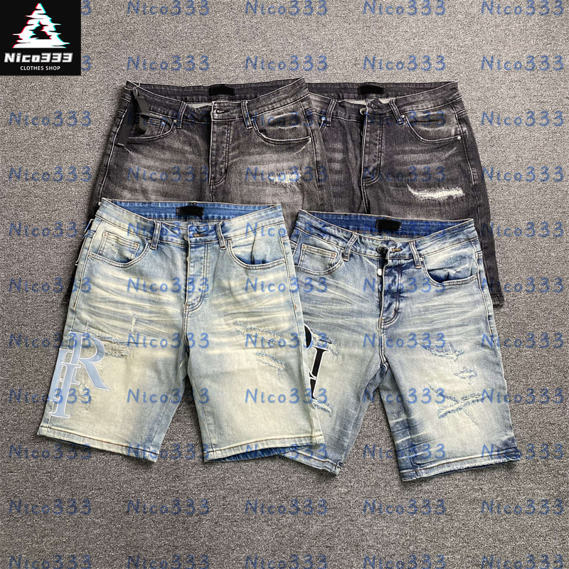 AMR Shorts Embroidered letters leather patch holes washed classic Slim versatile street men and women casual denim shorts-image-808259475