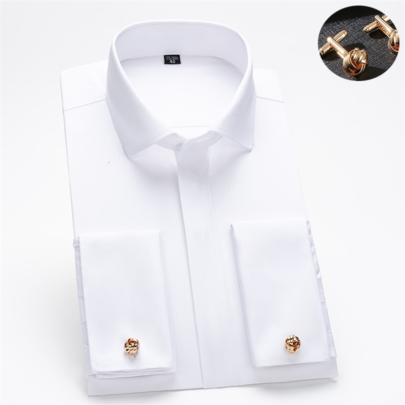 Mens French cufflink shirt with long sleeves slim fit concealed buttons solid color high end wedding dress formal mens 260615