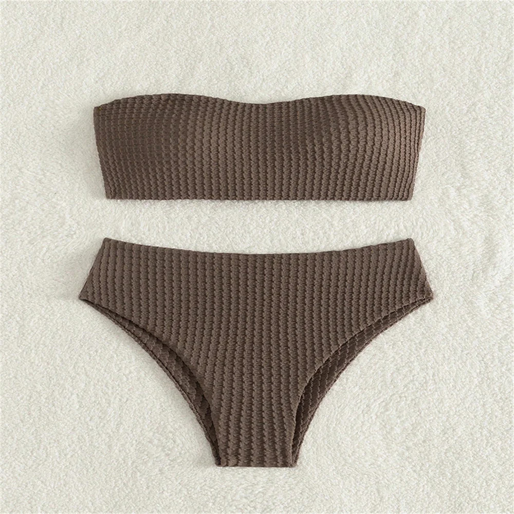 Sexy Bandeau Bikini Drawstring Backless Swimsuit Strapless Vacation Swimwears Women Trend Embossed Set Bathing Suit Beach Outfit 260624