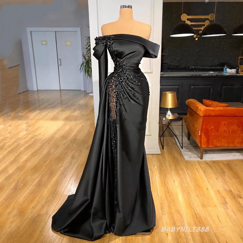 Elegant Satin Black Prom Birthday Dress One Shoulder Pleat Beading Women Pageant Evening Gown Arabic Dubai Robe De Soiree