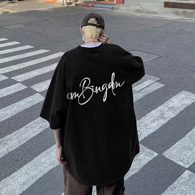 M-8XL Summer Men Oversized T-shirt Korean Casual Loose Style Letter Star Signature Print T-shirt Suitable for Both Men and Women 260625