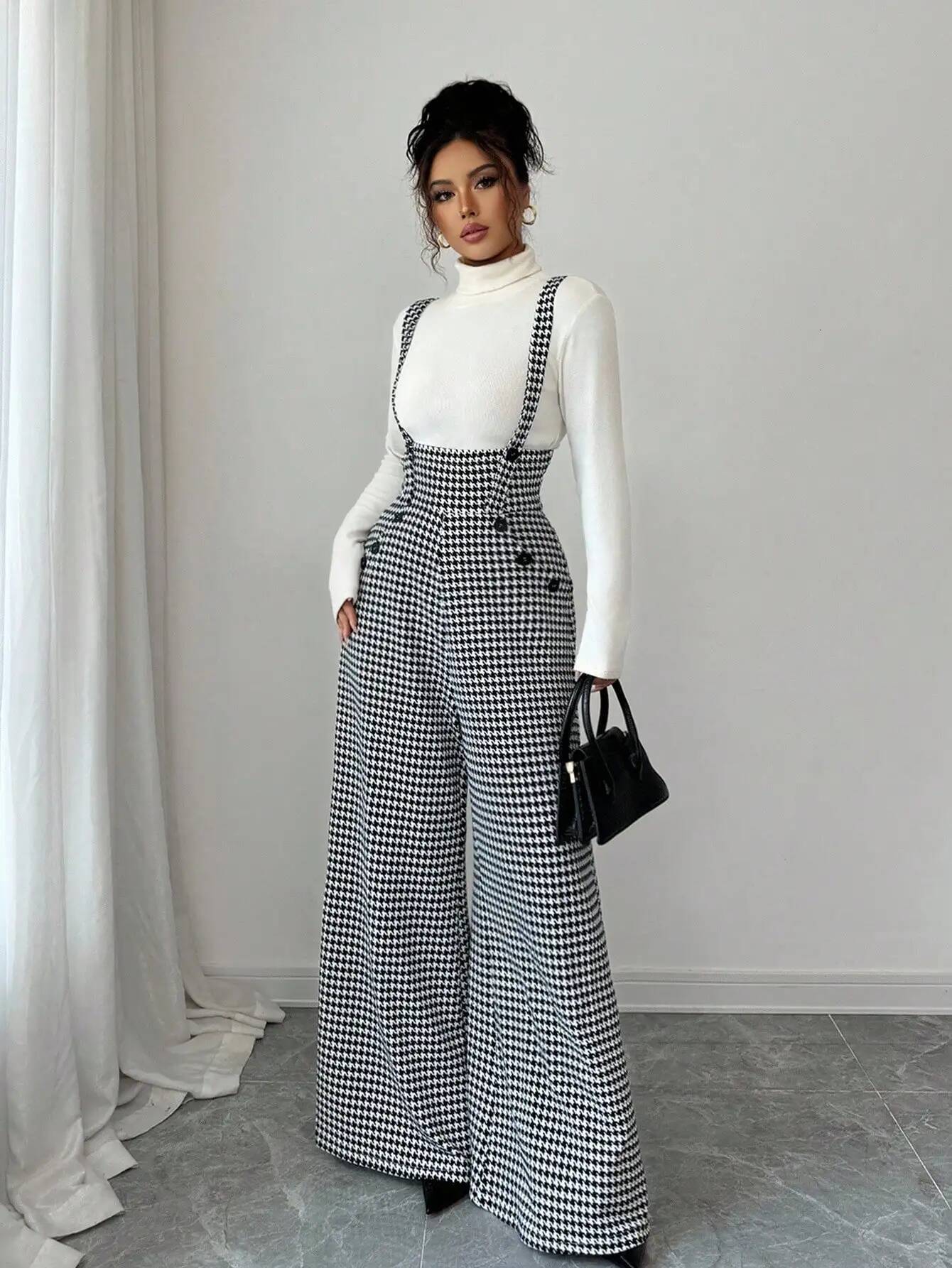 Overalls Women's Winter Jumpsuit Black White Vintage Wide Leg Suspender Pants For Office Commute Casual Female Clothing
