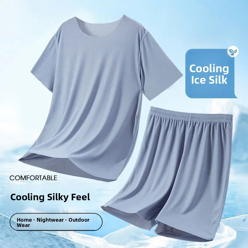 Ice Silk Sleepwear Set round Neck Short Sleeve Casual Lightweight Mens Home Clothes Comfortable Underwear for Youth in Summer 260622