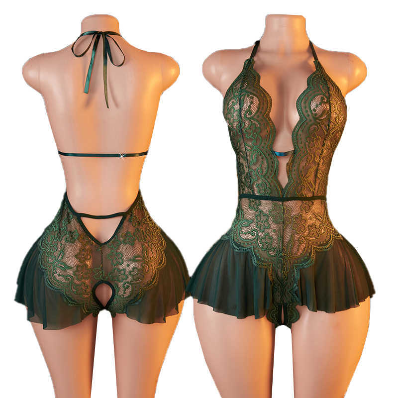 Womens Sexy Underwear Transparent Blackish Green Lace Bodysuit Open Crotch HangNeck Tie Rope Backless Hollow Erotic Costume D260625