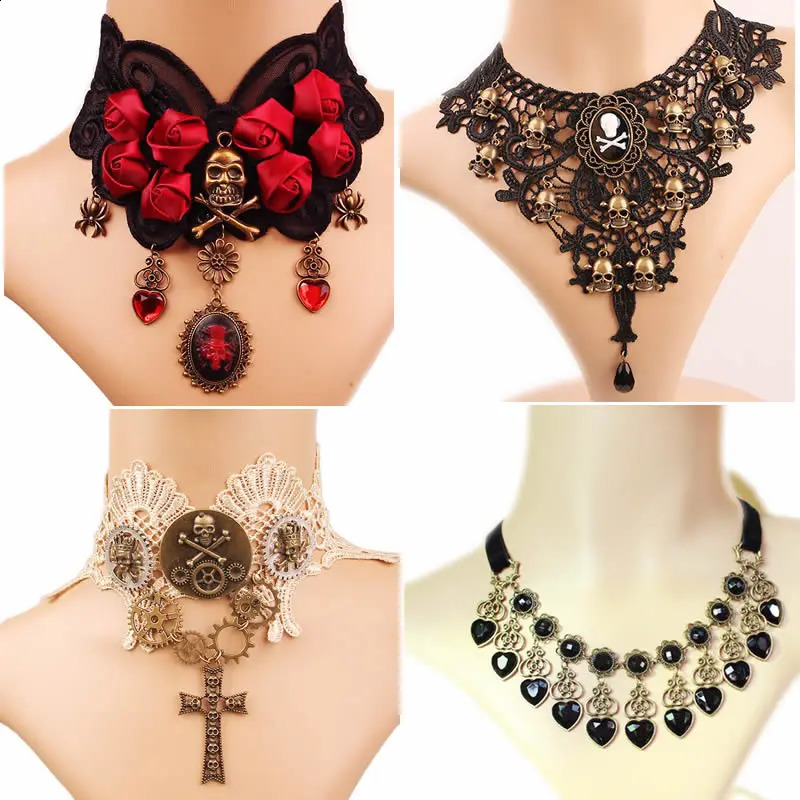 Fashion Tassel Punk Style Gothic Choker Necklace Red Rhinestone Charms Maxi Necklace Vintage Tattoo Lace Pendant Wedding 260624