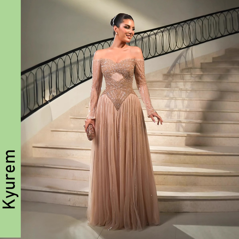 Luxury Nude A Line Off Shoulder Beading Long Sleeve Evening Dresses Party Prom gowns Robe De Soiree Custom Made color/size