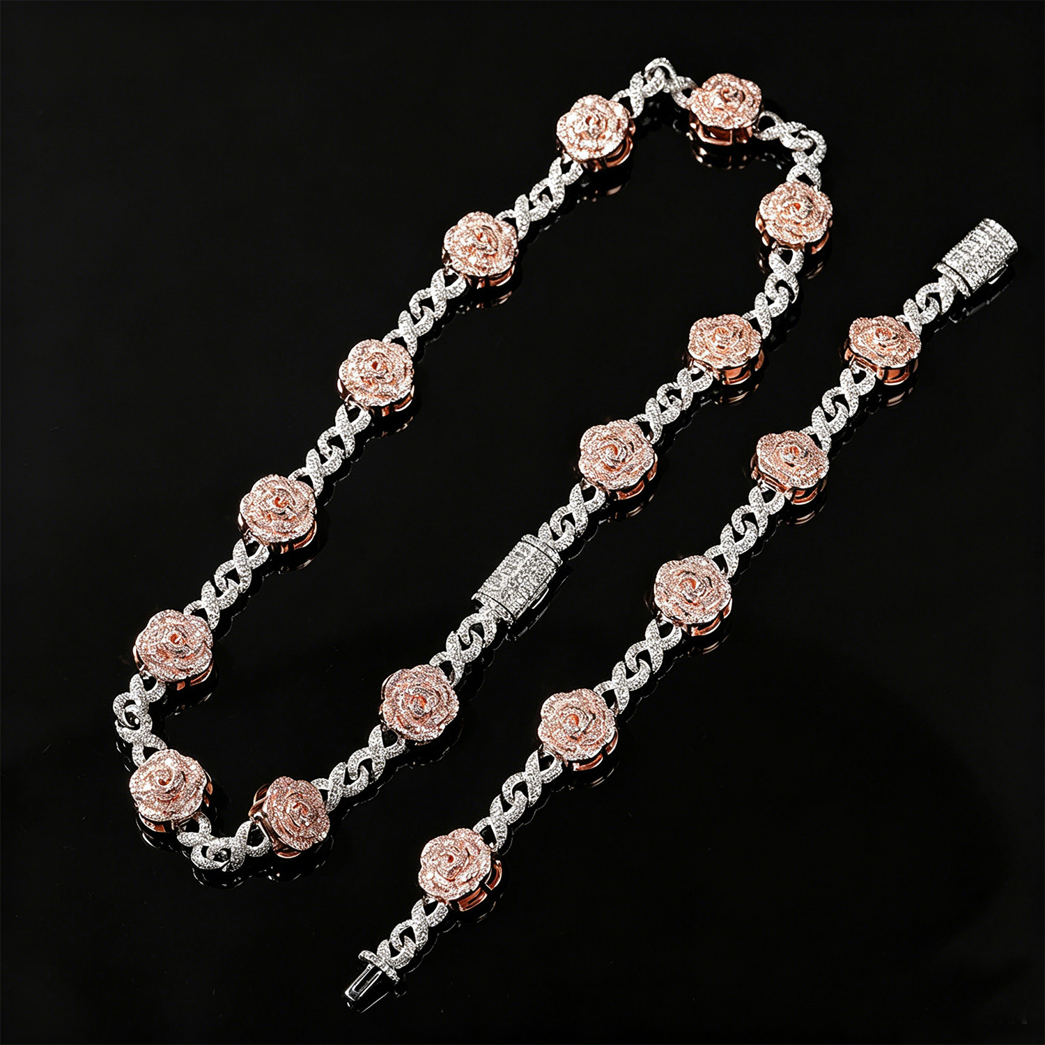 Fine Quality Rose Flower Infinity Chain Necklace Retro Cute New In Full Diamond Designer Luxury Hip Hop Fashionable Trendy 8-shaped Bangle Bracelet
