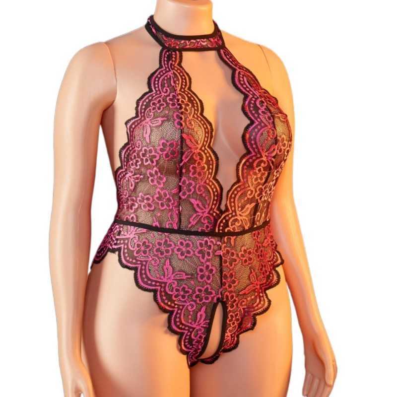 Size Plus Sexy Crotchless Female See Through Rose Lace Lingerie Hollow Teddy BabyDoll Backless Deep V Underwear Erotic Costumes D260625
