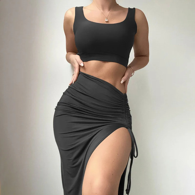 Fashion Crop Tops Maxi Skirts 2 Pieces Set Woman Sexy Vintage Y2K Beach Outfits Summer Kpop Goth Suits Matching Sets Cloth 260622