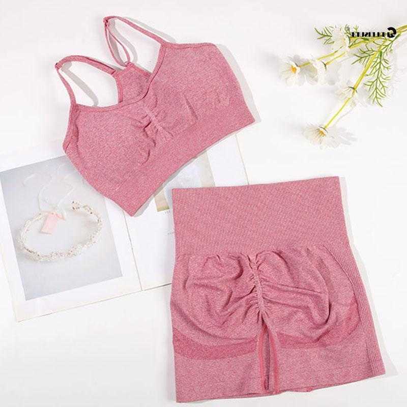 Donna CHRLEISURE Set sportivo senza cuciture 2 pezzi Reggiseno fitness da yoga con pantaloncini da ciclista Completo da allenamento elastico per pal