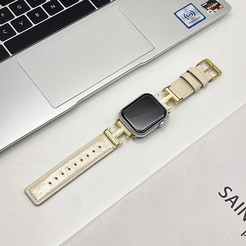 Bracelet de montre classique en cuir avec boucle en métal en forme de H, noir blanc disponible Compatible avec les séries iWatch 1/2/3/4/5/6/7/8/