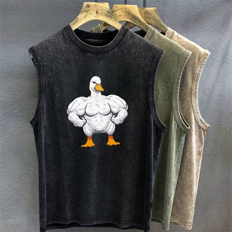 Oversized T Shirt for Men Vintage Washed Muscle Duck Cartoon Graphic Print Tank Top Sleeveless Vest Woman Gym Y2k Clothes Summer 260624