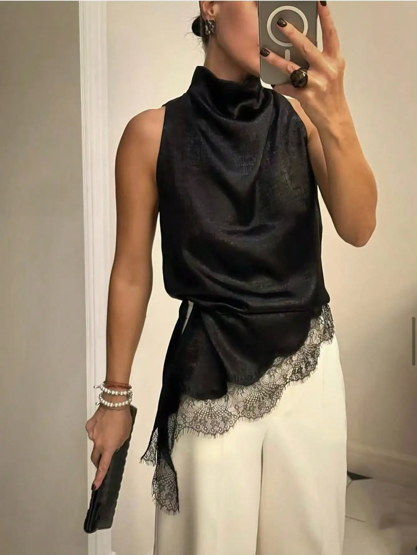 Womens Elegant Black Satin High Neck Blouse Lace Trim Sleeveless Casual Commute Date Top 260624