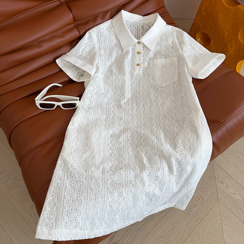 Designer Hollow Out Dress Women Simple Elegant Loose Knitted Dress Stylish Business Lapel Neck Dress