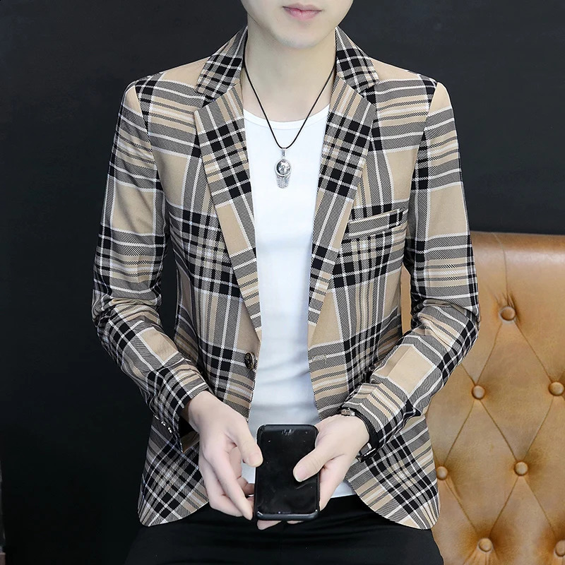 Spring Autumn 2024 Casual Checkered Slim Fit Mens Suit Jacket Korean Style Fashion Handsome Young Clothing 260618