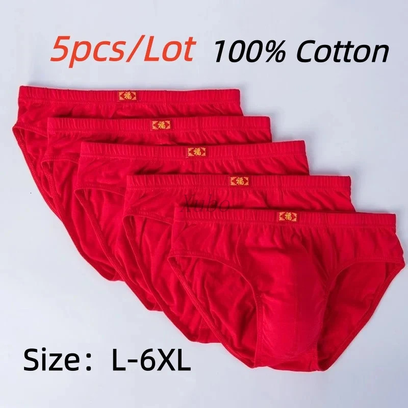 5PCS Mens Full Cotton Underwear Red Triangle Four Cornered Shorts Wedding Gift 260624