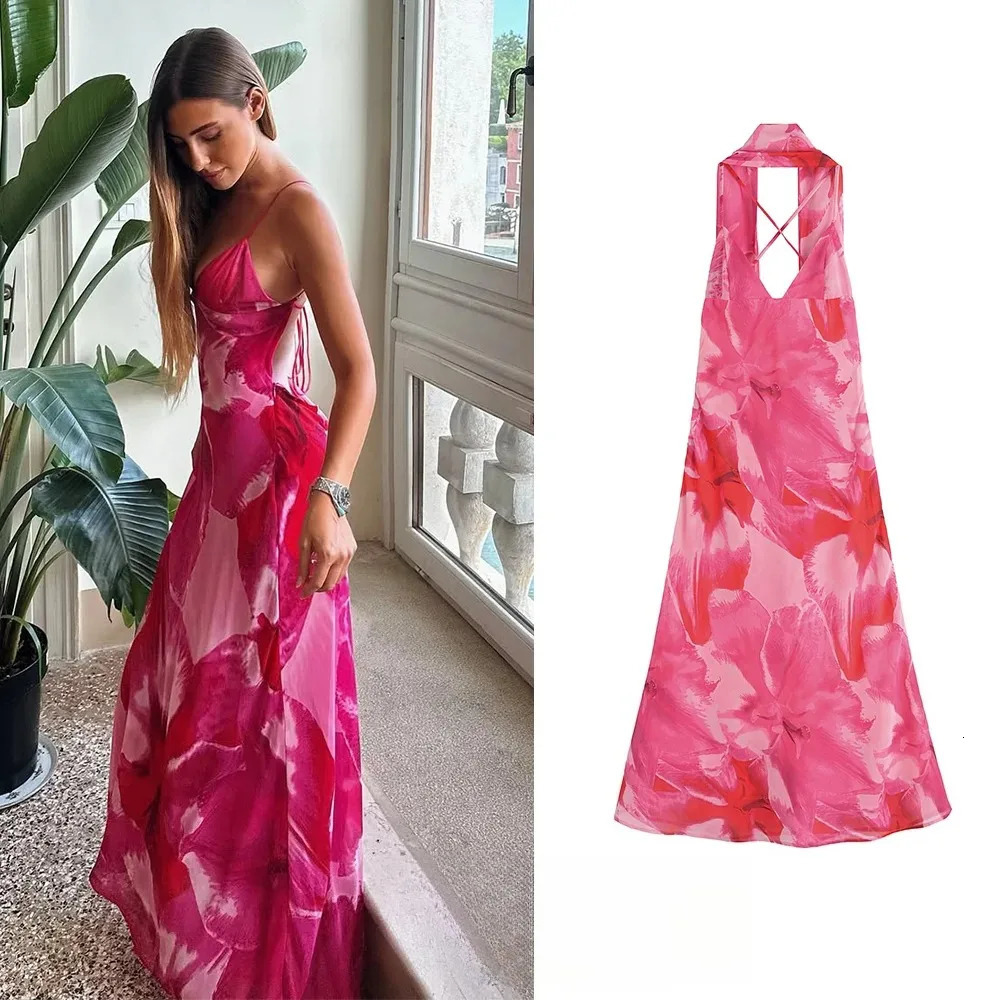 KONDALA Sexy Floral Print Long Dress Women V Neck Backless Scarf Cami Dress Fashion Holiday Beach Party Dress Elegant Dress 260624