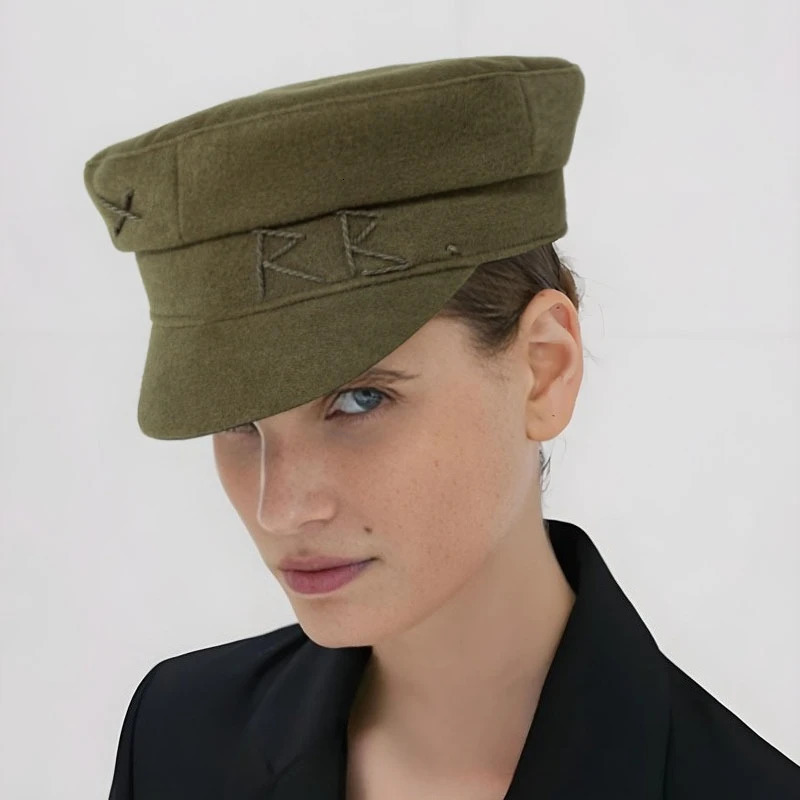 Autumn Winter Big Size Letter Militray Hats Women Fashion Woolen Flat Top Cap Outdoor Gorras Visor Sun Hat Navy Hats 260624
