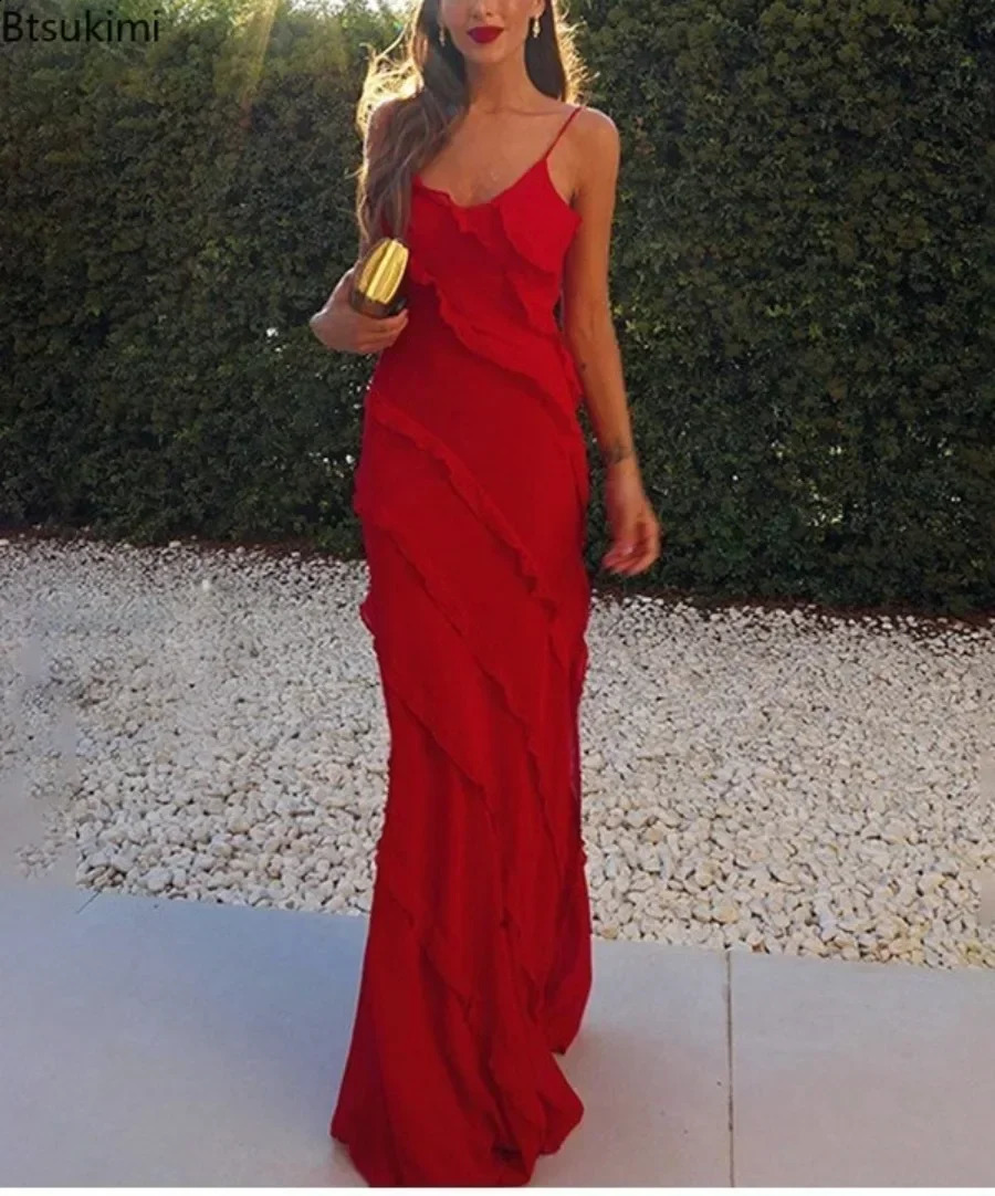 2026 Womens Ruffles Chiffon Maxi Dress Backlesss Split Sexy Porm Dress Red Long Summer Wedding Party Dress Elegant Vestidos 260625BJ