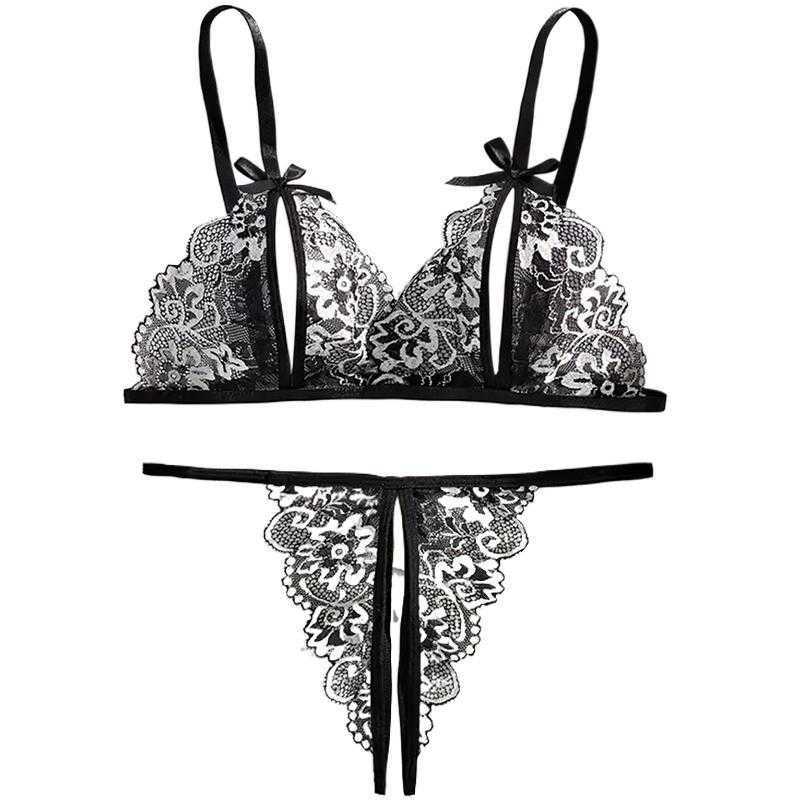 Hot Black Crotchless Sexy Women Lace Lingerie Temptation Transparent Push Up Sex Bras Porn Open Bra Underwear Set Erotic Costume D260625