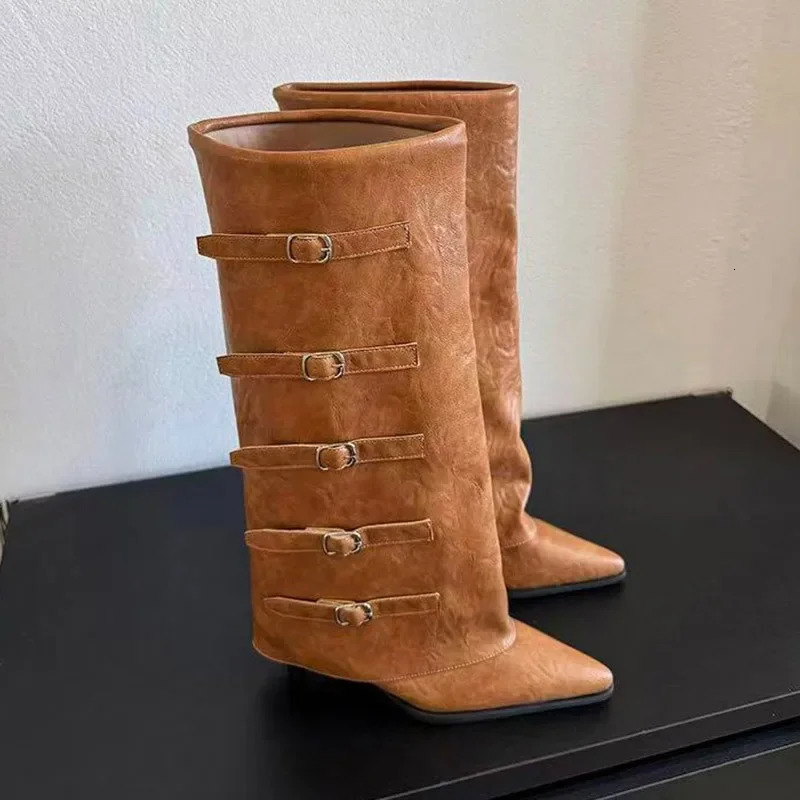 Autumn Winter Pointed Toe Belt Buckle Soft Sole Waterproof Heightened Single Boots Womens Long Thigh Boots 260624