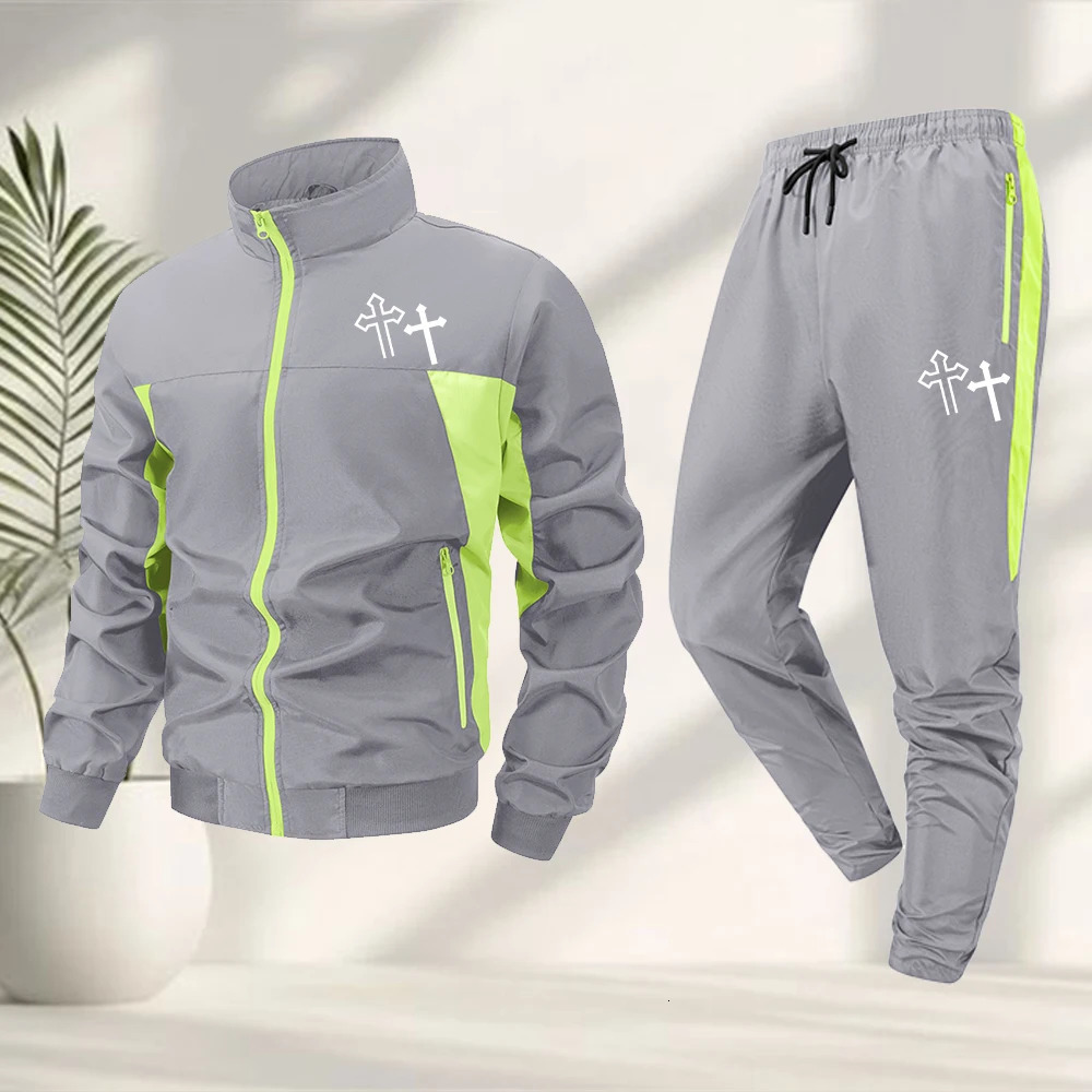 Mens Trendy Cross Print Tracksuit Set With Zip Up Stand Collar Jacket And Drawstring Trousers For Outdoor Fitness Runnin 260624