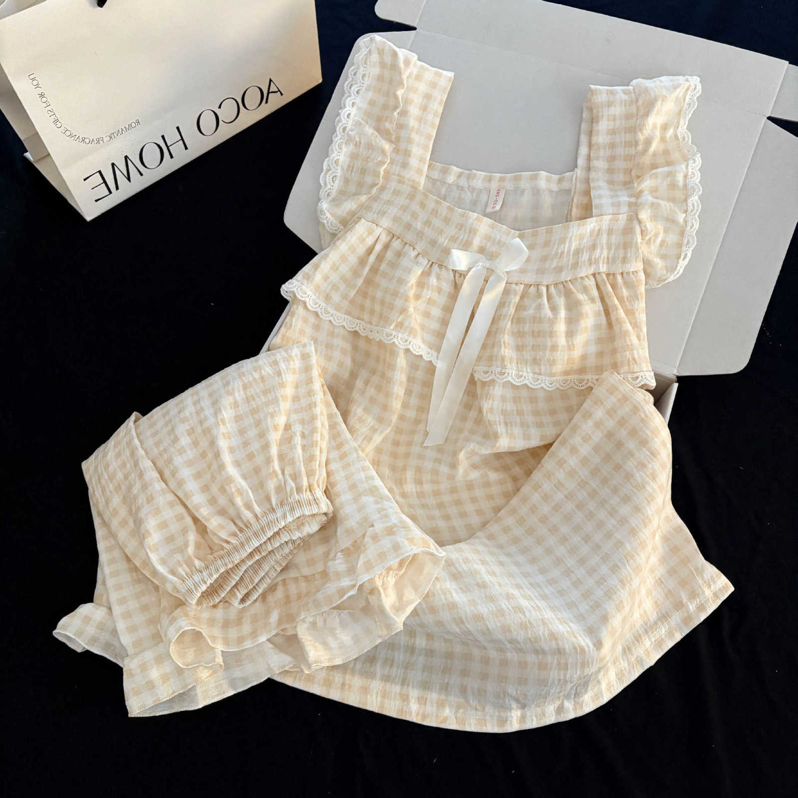 Ins-Style Korean Simple Plaid New Summer Short-Sleeve Shorts Pajamas for Women Loose with Chest Pads Summer Tank Top Set M260625