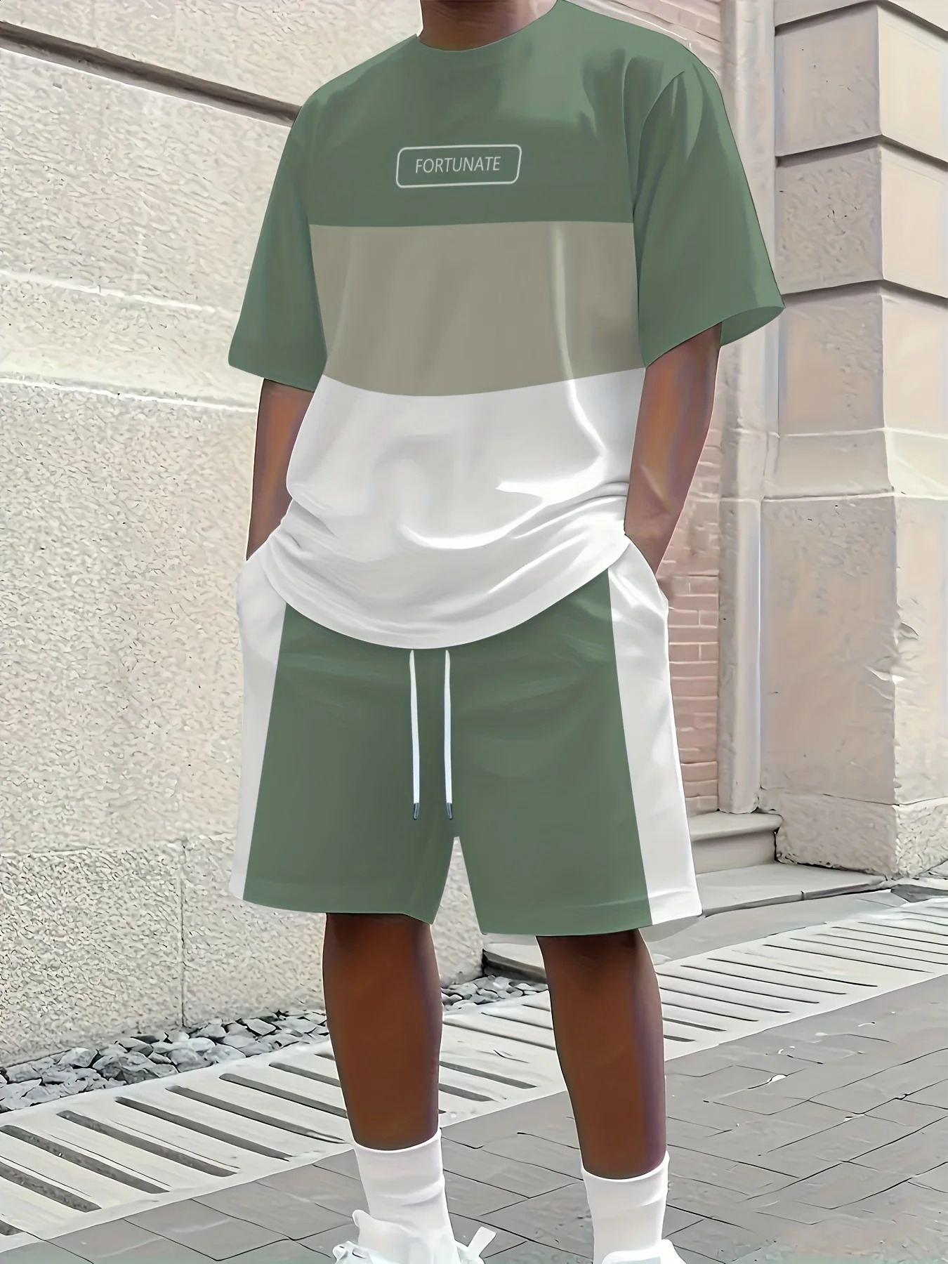 2026 Casual Mens Set Summer Apparel ColorBlocked ShortSleeve Top Relaxed Drawstring Shorts Stylish Streetwear Ensemble 260625