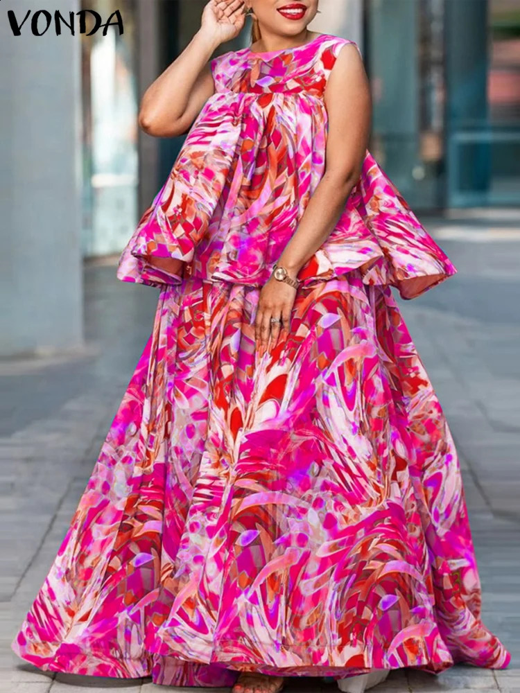 Plus Size 5XL VONDA Maxi Skirt Women Dress Sets Summer Sleeveless Tops Printed 2PCS Casual Bohemian Loose 260625