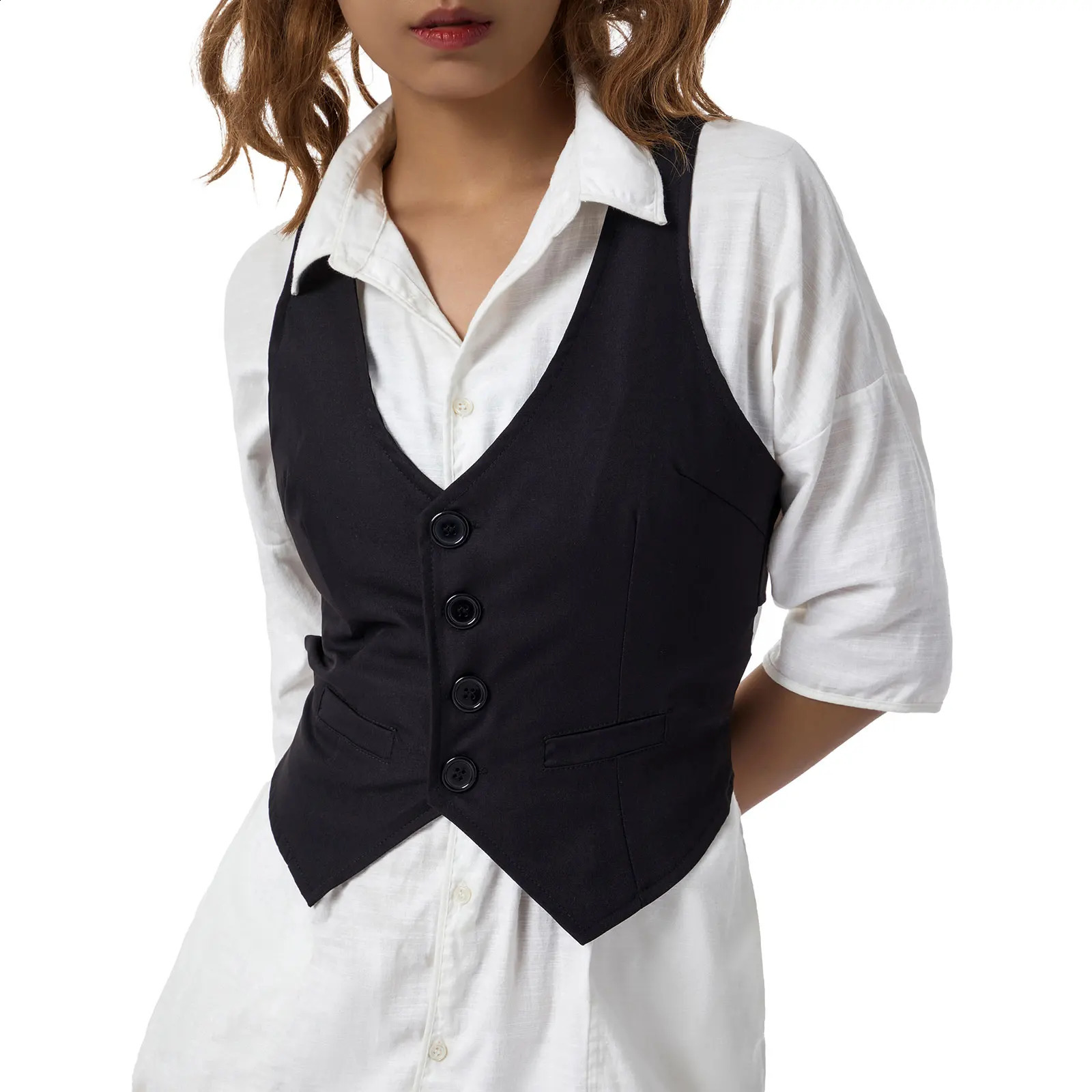 Womens Sleeveless V-neck Single-breasted Solid Color Casual Slim-fitting Soft Simple Comfortable Suit Vest 260624BJ