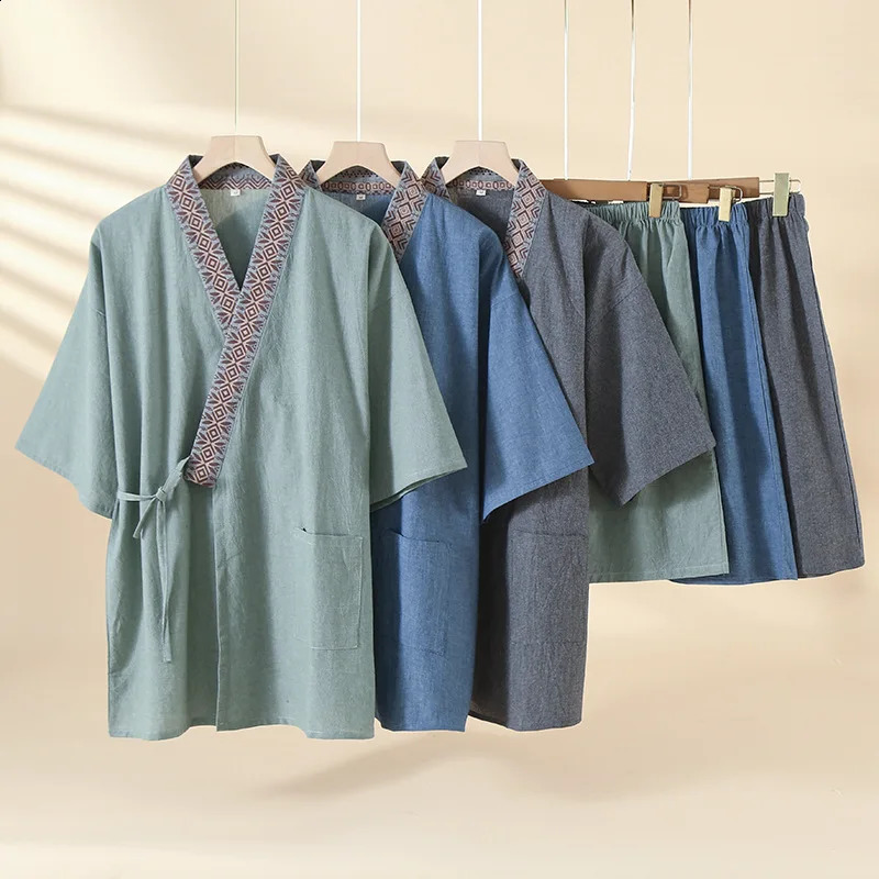 Spring and Summer Thin Mens Kimono Cotton Short-sleeved Robes with Shorts 2 Pcs Pajamas Large Size Homewear Pajama Sets 260622