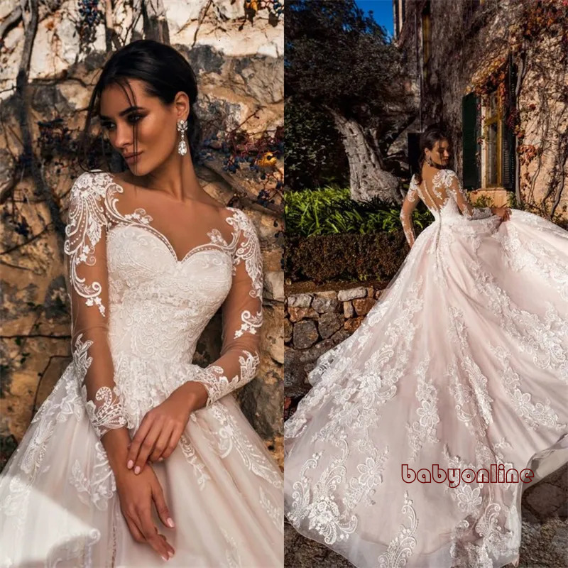 A Line Dresses Sheer V Neck Long Sleeve Lace Appliqued Bridal Gowns Elegant Blush Pink Wedding Dress