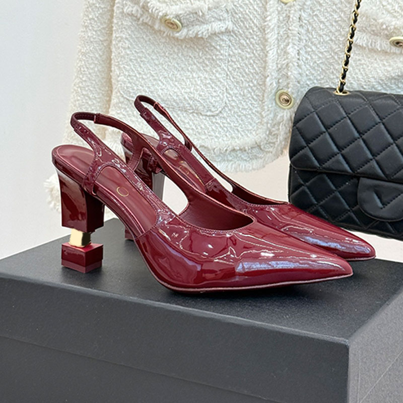 Metiers dart 2026 Dark Burgundy Patent Calfskin Slingbacks Pumps Designer Chunky Heel With CC Logo Sandals Womens Elegant Pointed Toe High Heels Lea