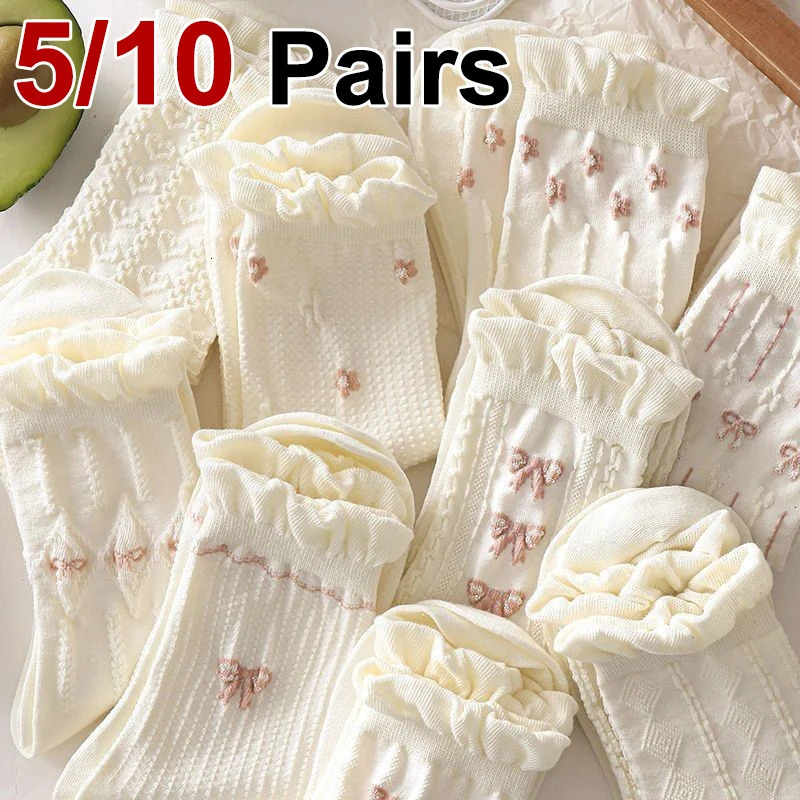 510 Pairs Women Lolita Style Mid Tube Socks Fashionable Bow and Small Flower Pattern Spring Summer Cute Sweet Casual 260624