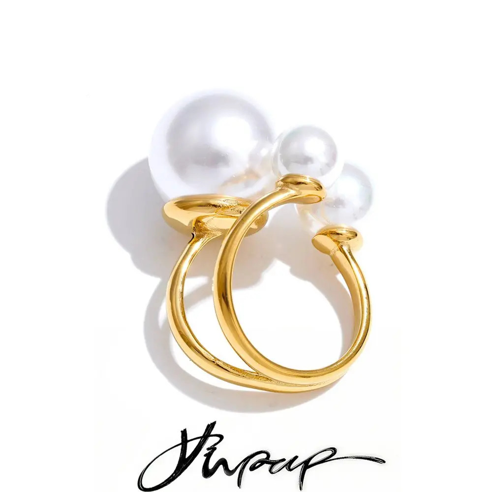 Yhpup Size 65 Korean Big Simulated Pearls Chic Open Ring for Women Stainless Steel Demure Charming Finger Jewelry Gift 260623